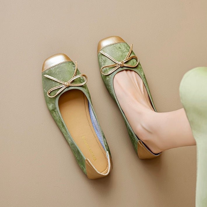 Premium women's square toe ballet flats with bow detail, essential comfortable footwear.