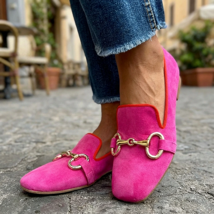 Women's square toe loafers with horsebit buckle & contrast trim. Stylish flat slip-on shoes for comfort and everyday wear.