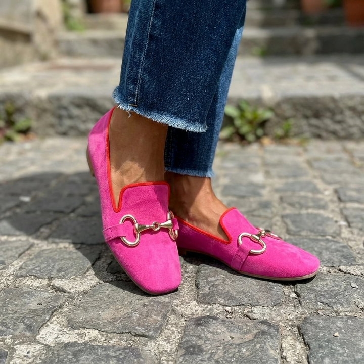 Chic women's flat loafers featuring a horsebit buckle & contrast trim. Perfect square toe dress shoes for casual elegance.