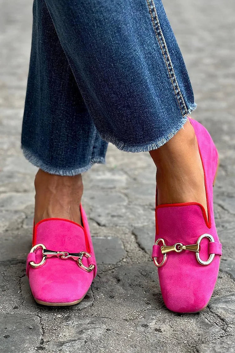 Comfortable women's square toe loafers with a unique horsebit buckle & stylish contrast trim. Everyday slip-on flats.