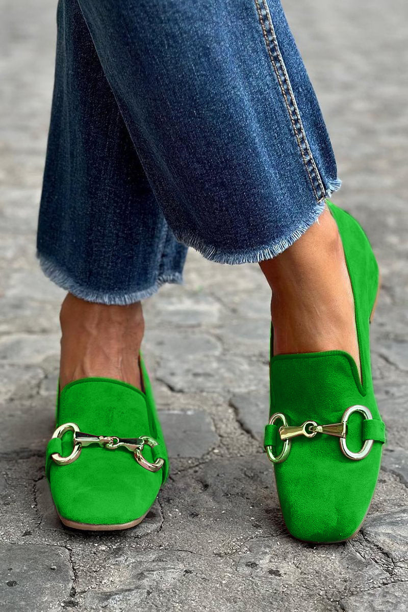 Fashion women's square toe loafers with horsebit buckle, contrast trim. Versatile slip-on flats for casual or dressy styles.