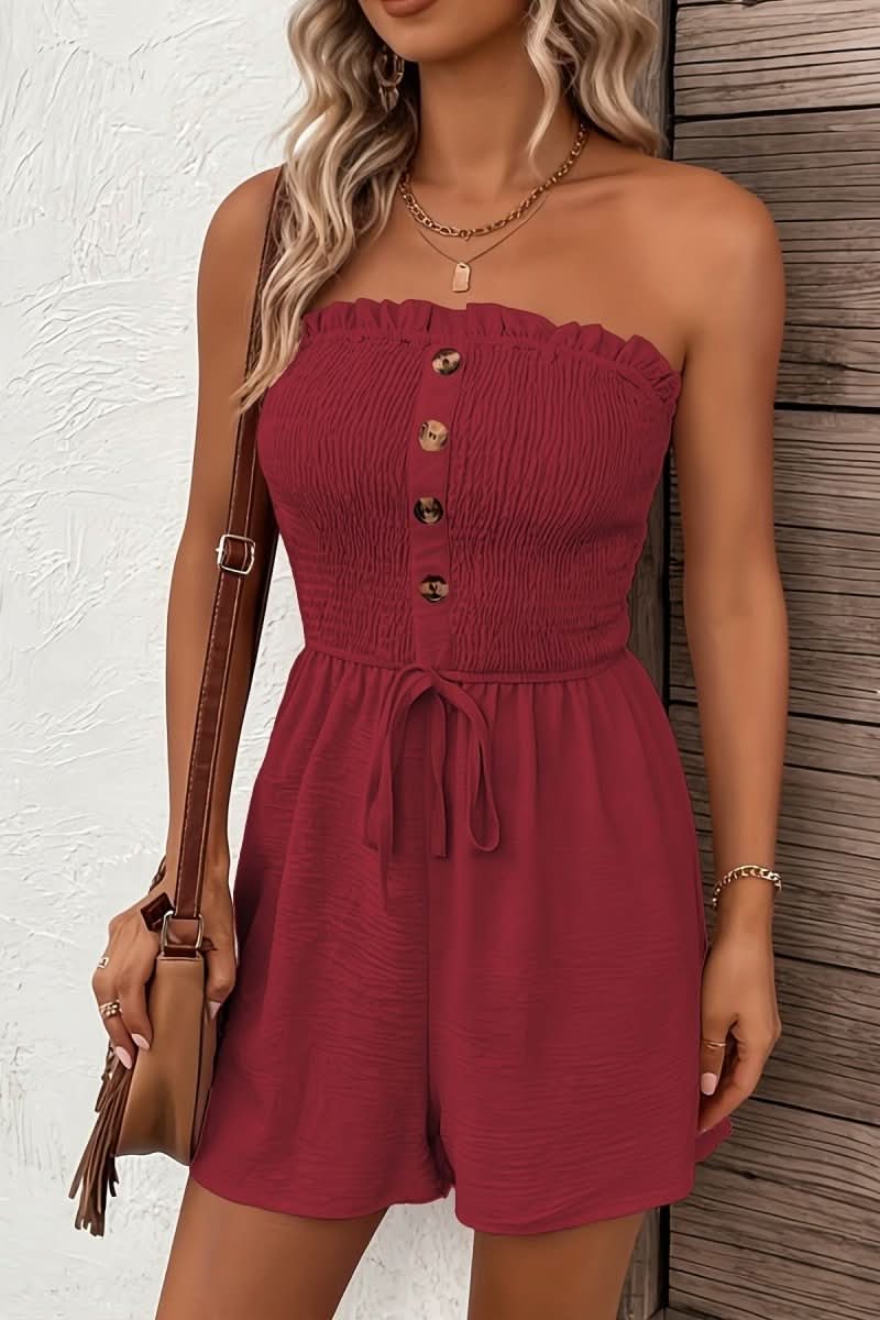Effortless women's strapless romper with front buttons, ideal for vacation, beach, or resort wear.