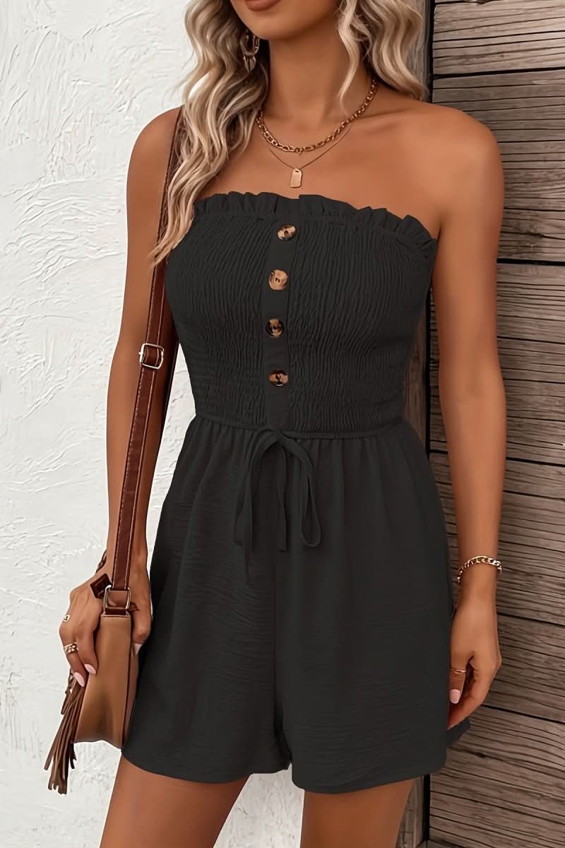 Stylish strapless button-front romper for women, offering a comfortable and fashionable look for any summer party.