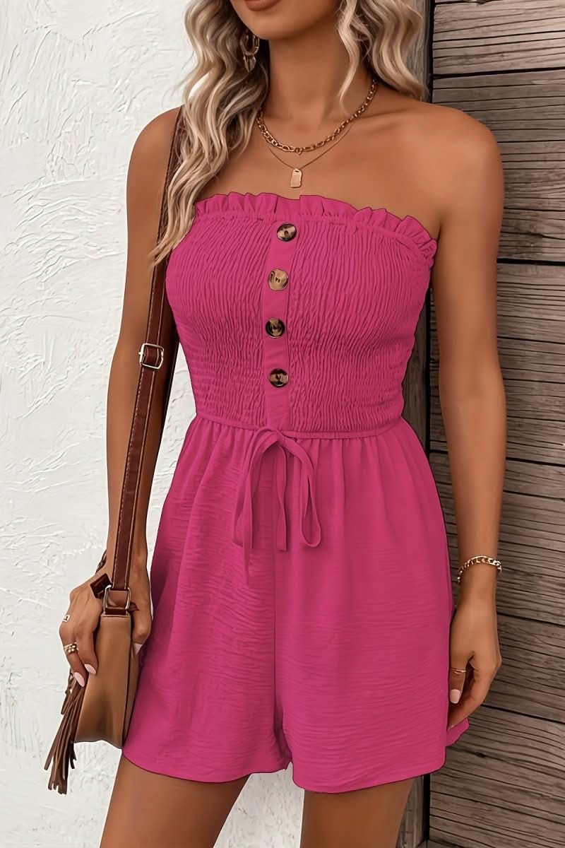Warm-weather women's romper with a flattering strapless neckline & functional front buttons, perfect for casual outings.