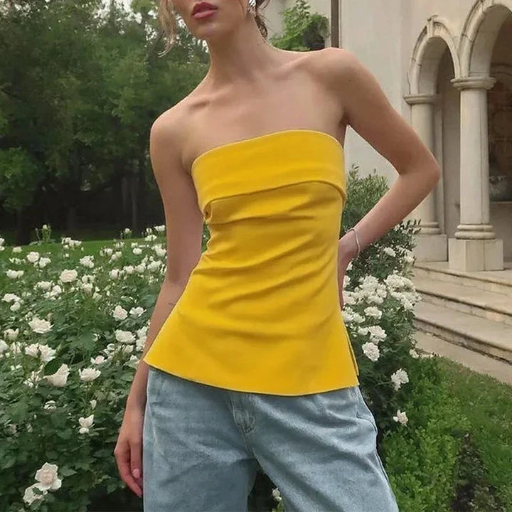 Women's strapless tube crop top in soft fabric, perfect for effortless summer style & comfort.
