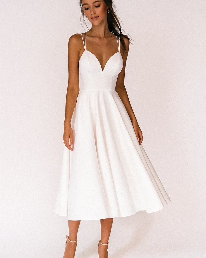 Women's strappy navy midi dress with a flowing skirt, perfect for a wedding guest or cocktail party.