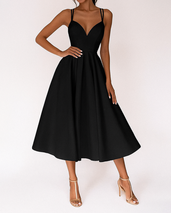 Chic women's red strappy cocktail midi dress, a stunning choice for any special event or formal occasion.