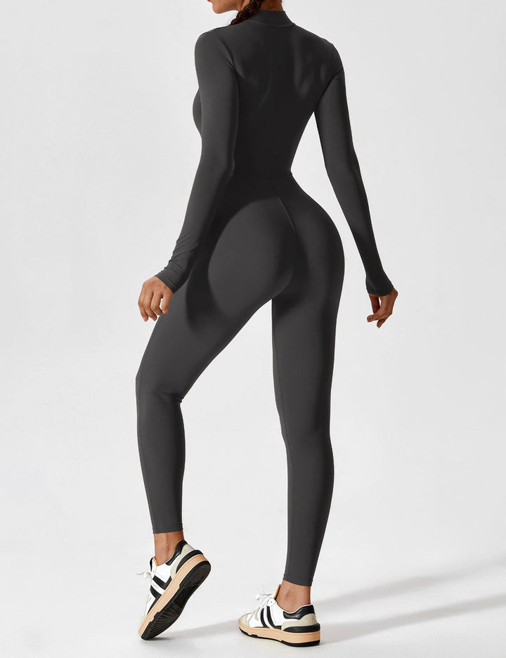 Full-body shot of a women's stretchy jumpsuit, its zip-up front adding a touch of practical chic for spring