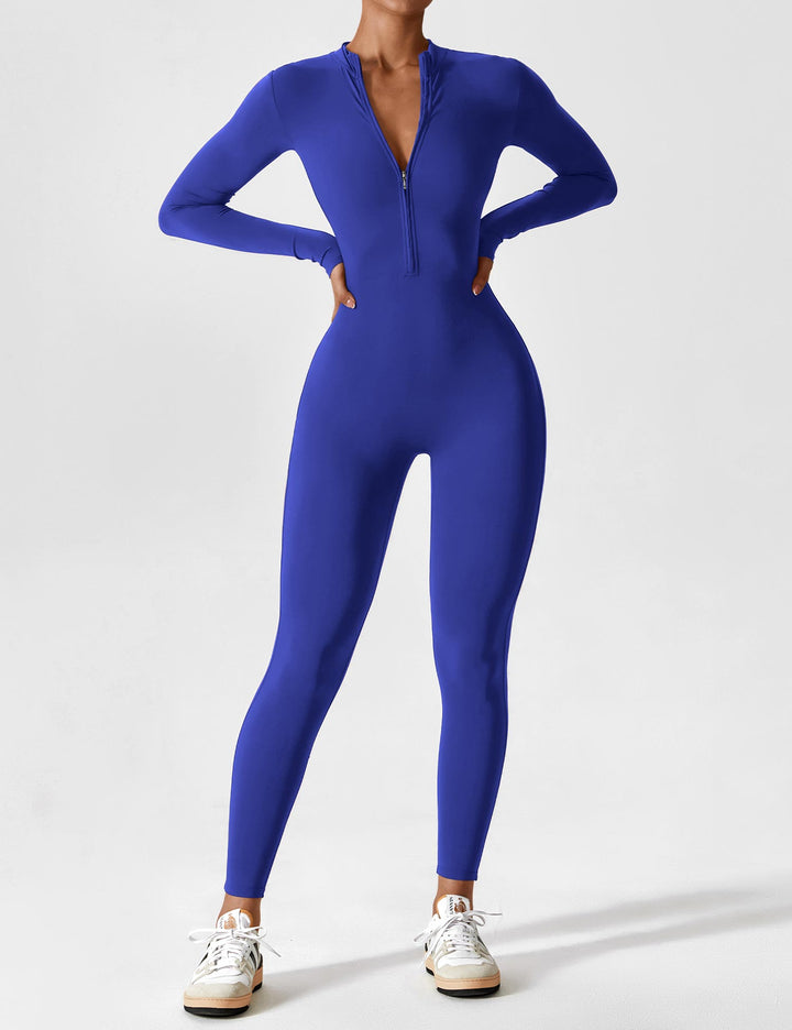 Fashion-forward women's zip-up jumpsuit, designed with stretchy fabric for ultimate spring comfort