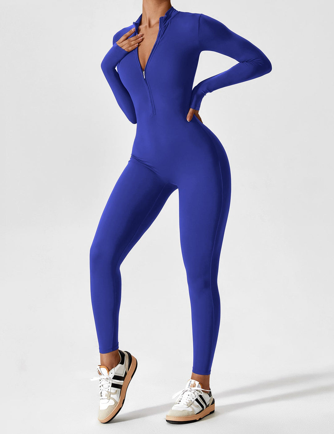 Women's one-piece stretchy jumpsuit with an elegant zip-up design, suitable for multiple spring occasions