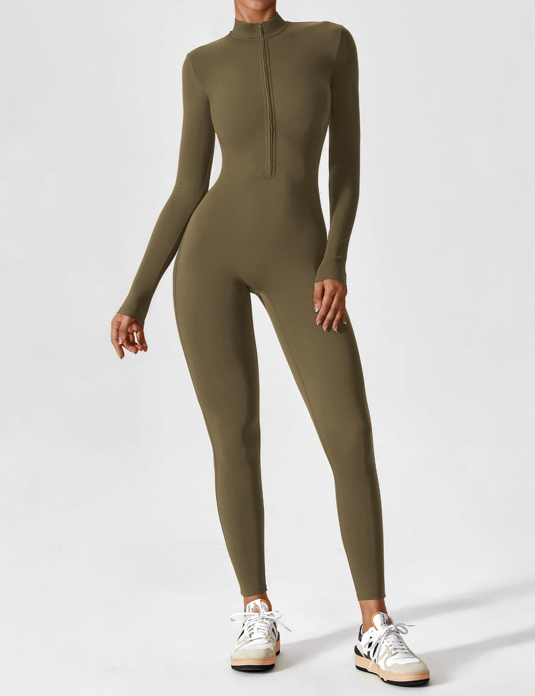 Women's spring outfit: a comfortable stretchy zip-up jumpsuit, versatile for various casual activities