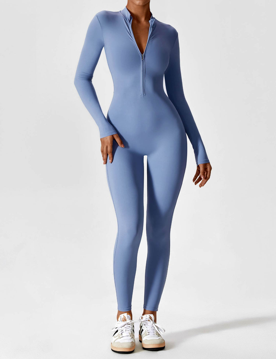 Effortless elegance: women's comfortable stretchy zip-up jumpsuit for spring casual wear