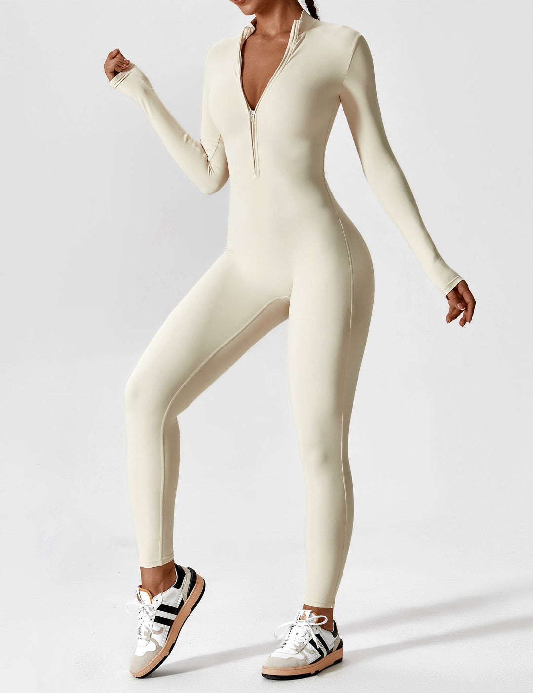 Women's stretchy onepiece jumpsuit with a convenient front zip, an easy and stylish spring outfit