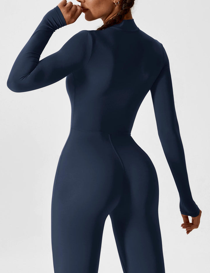 Detail of the pocket on a women's stretchy zip-up jumpsuit, adding functionality to spring fashion