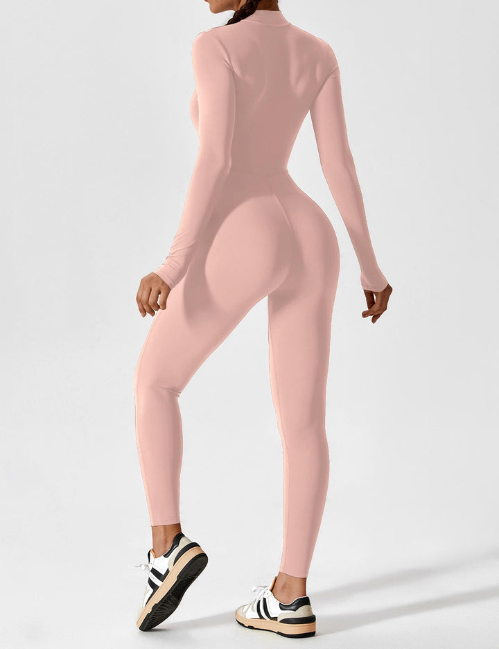 Comfortable women's stretchy jumpsuit with a full-length zipper, perfect for breezy spring days