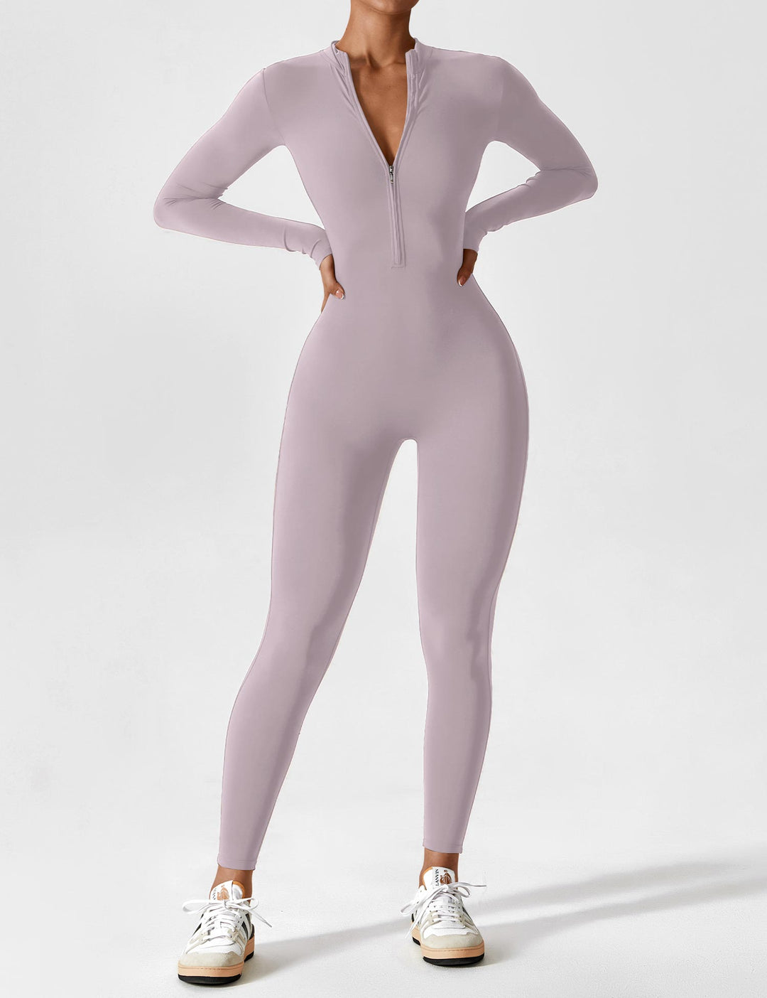 Casual women's zip-up jumpsuit in a soft stretchy fabric, perfect for lounging or spring outings