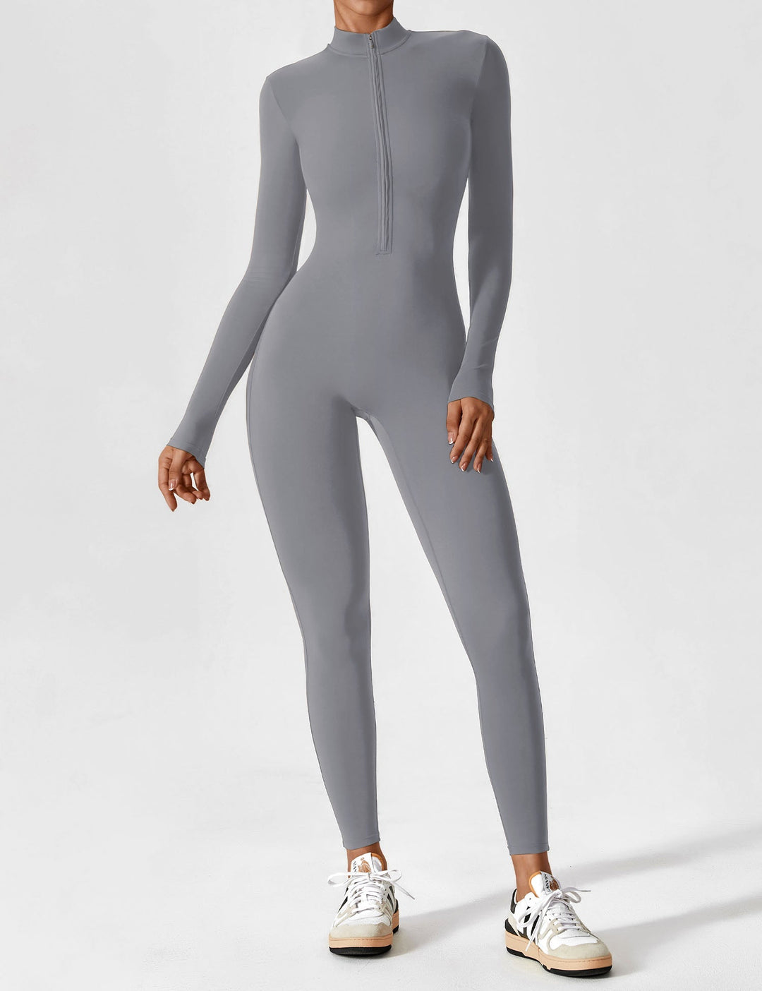 Fashionable women's stretchy jumpsuit, designed for spring with a flattering zip-up front
