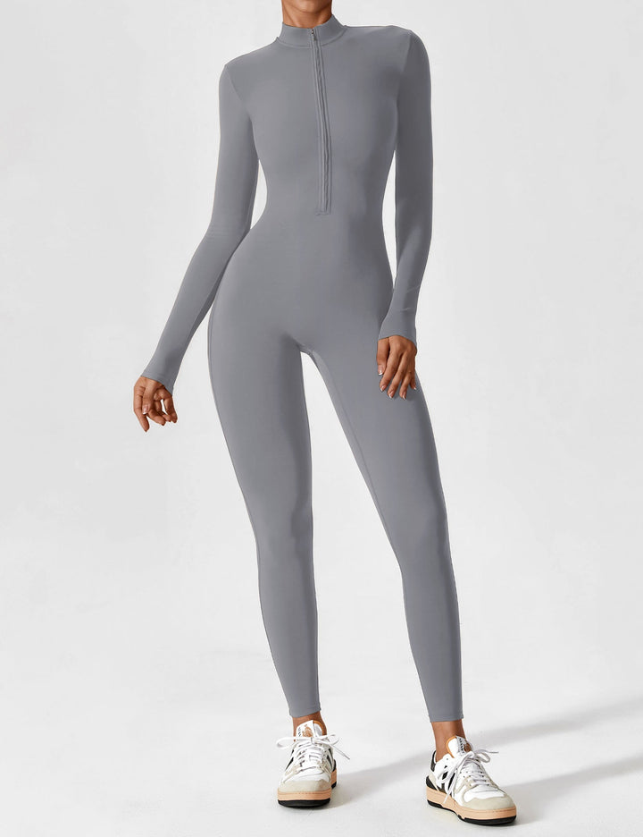 Fashionable women's stretchy jumpsuit, designed for spring with a flattering zip-up front