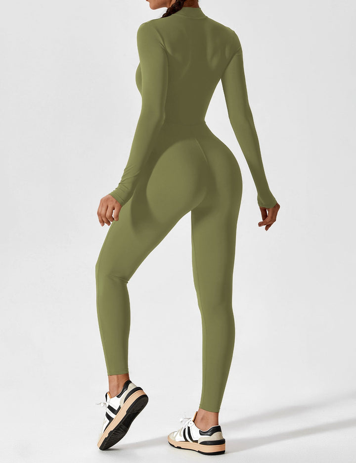 Fashionable women's stretchy jumpsuit, ideal for spring travel with its comfortable zip-up design