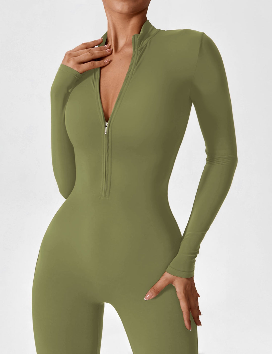 Stretchy women's jumpsuit with a clean, simple zip design, embodying minimalist spring chic