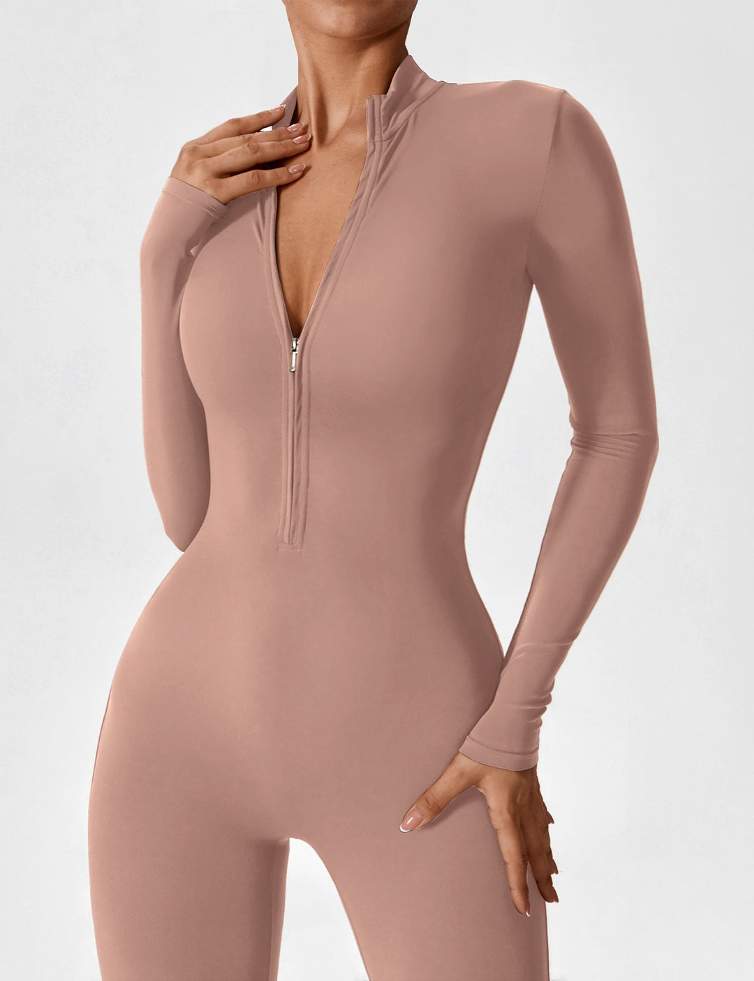 Comfortable women's stretchy jumpsuit, perfect for lazy spring weekends with its easy zip-up access