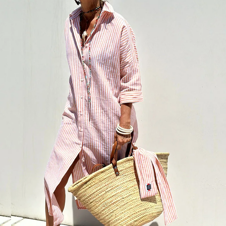 Women's striped button-down shirt dress, a midi-length casual summer dress with three-quarter sleeves.