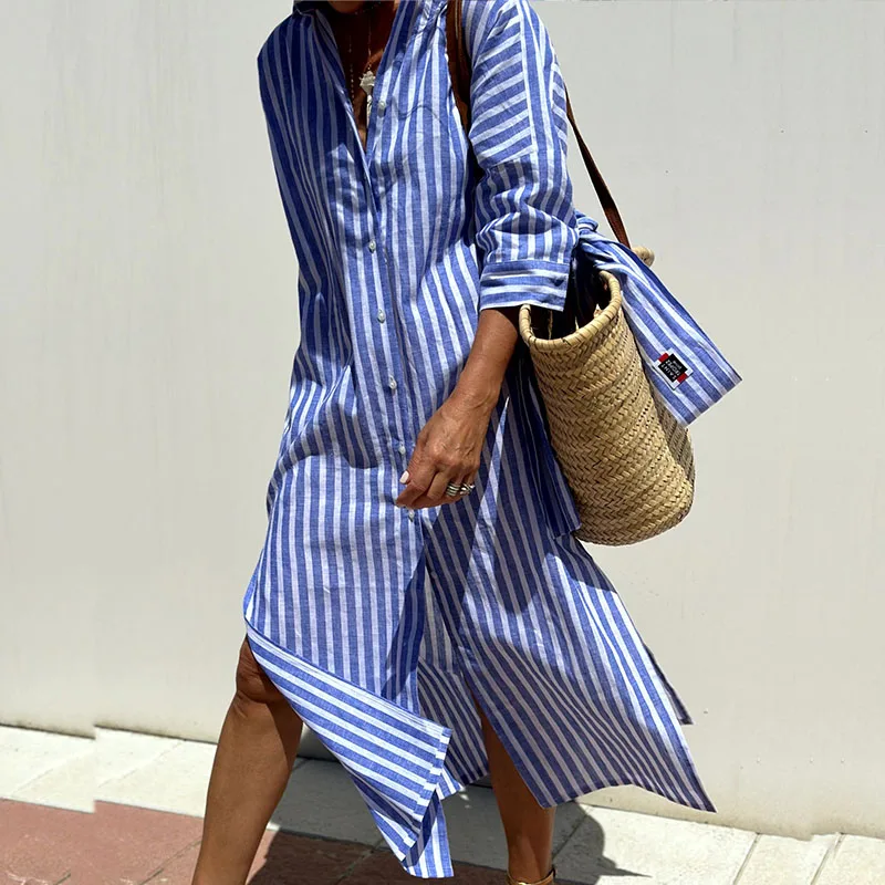 Stylish pink striped button-down midi shirt dress for women, featuring a below-knee length and 3/4 sleeves.