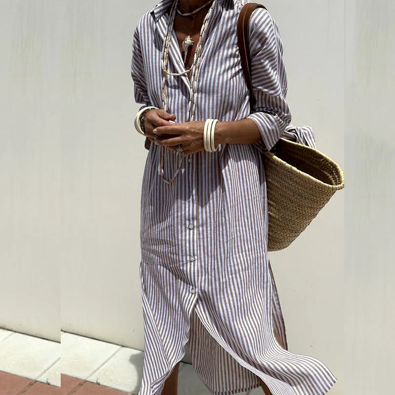 Blue striped button-down shirt dress for women, a versatile midi dress perfect for casual summer wear.