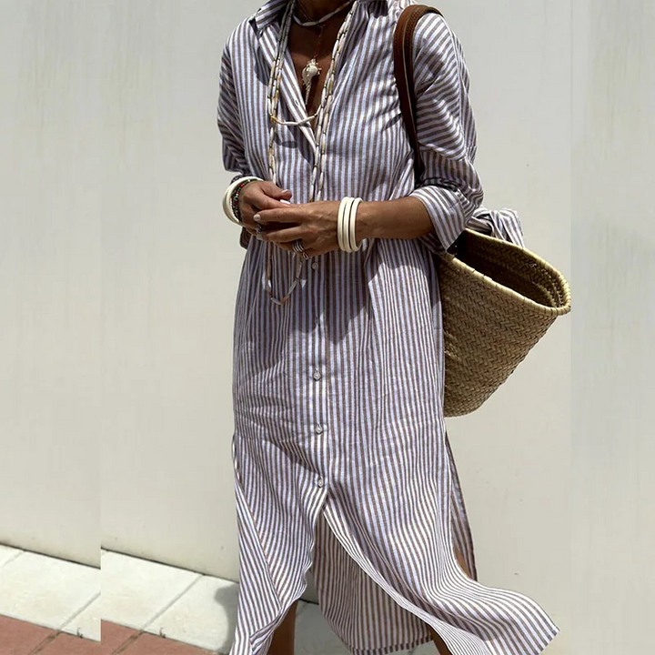 Blue striped button-down shirt dress for women, a versatile midi dress perfect for casual summer wear.