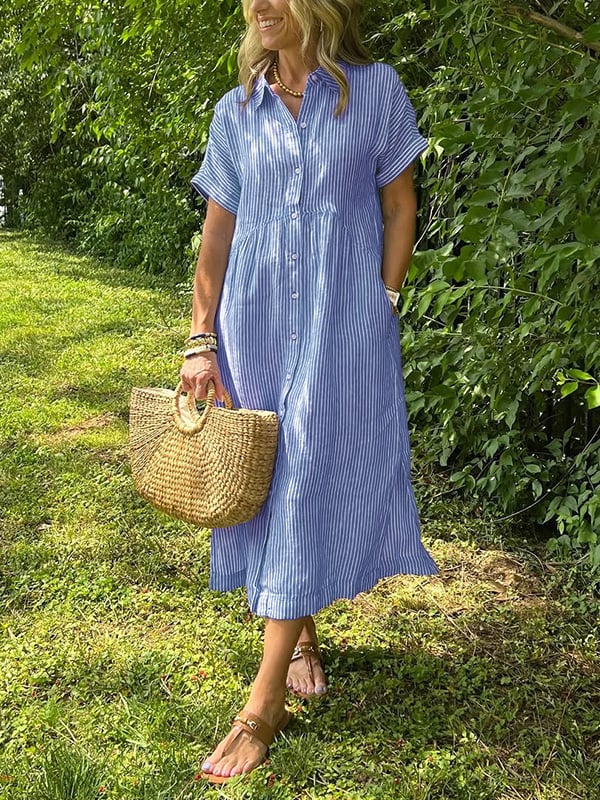 Women's striped button-up midi dress, perfect for casual chic spring & summer outfits.