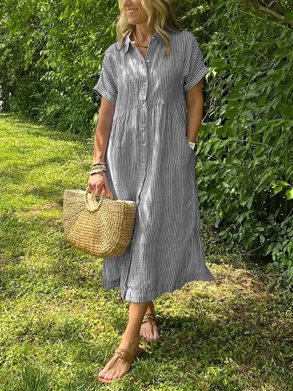 Flattering women's striped midi dress, featuring a classic button-up front for easy wear.