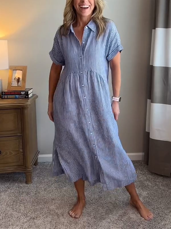 Spring/summer women's striped midi dress with a button-up design, blending casual & chic.