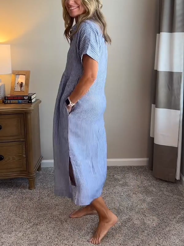 Modern women's striped button-up midi dress, a must-have for chic casual everyday wear.