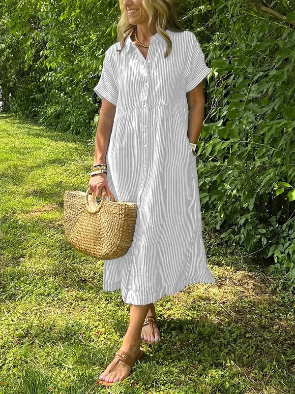 Chic women's collared striped midi dress with full button front, ideal for everyday wear.