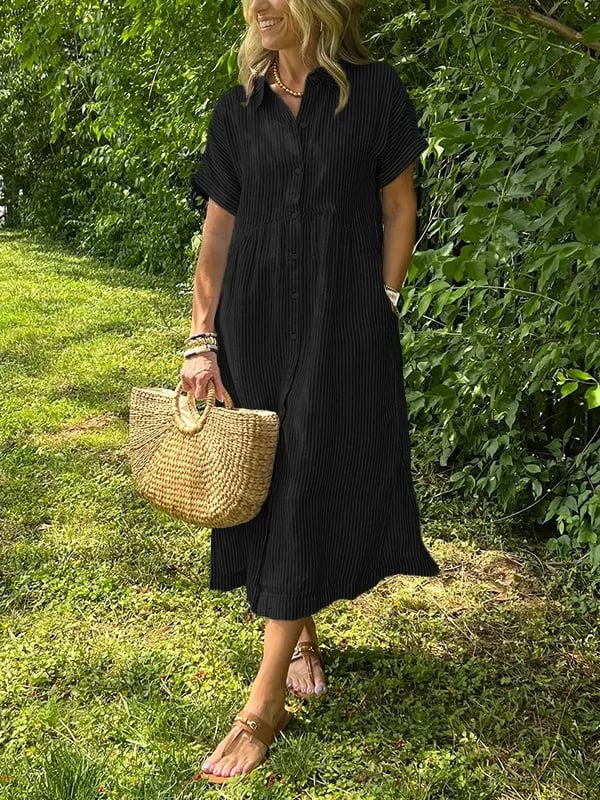 Casual striped button-up midi dress for women, a stylish choice for spring & summer days.