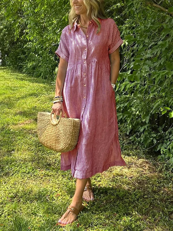 Elegant women's striped midi dress, featuring a button-up design, great for warm weather.