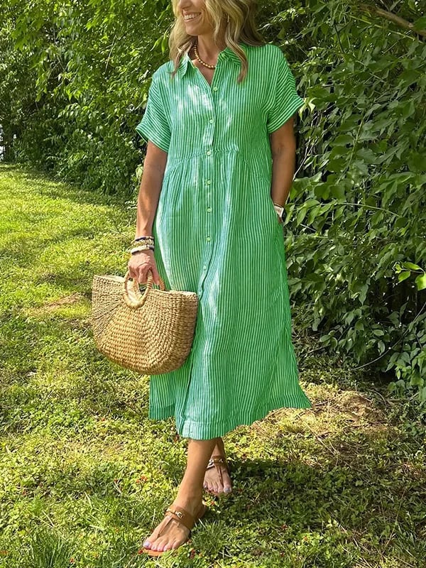 Versatile striped women's midi dress with a button-front, suitable for casual or dressier looks.