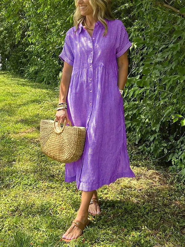 Stylish striped midi dress for women, with a chic button-up design, ideal for casual outings.