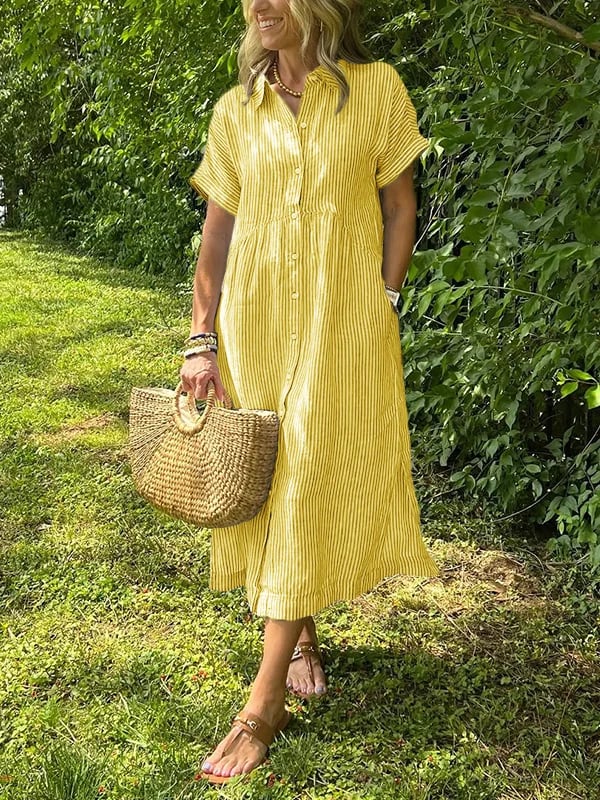 Lightweight women's striped collared midi dress, a breezy option for sunny spring & summer.