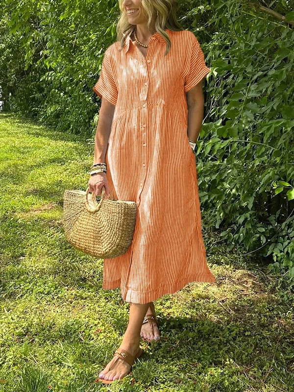 Everyday women's striped button-up midi dress, offering casual comfort and chic style.
