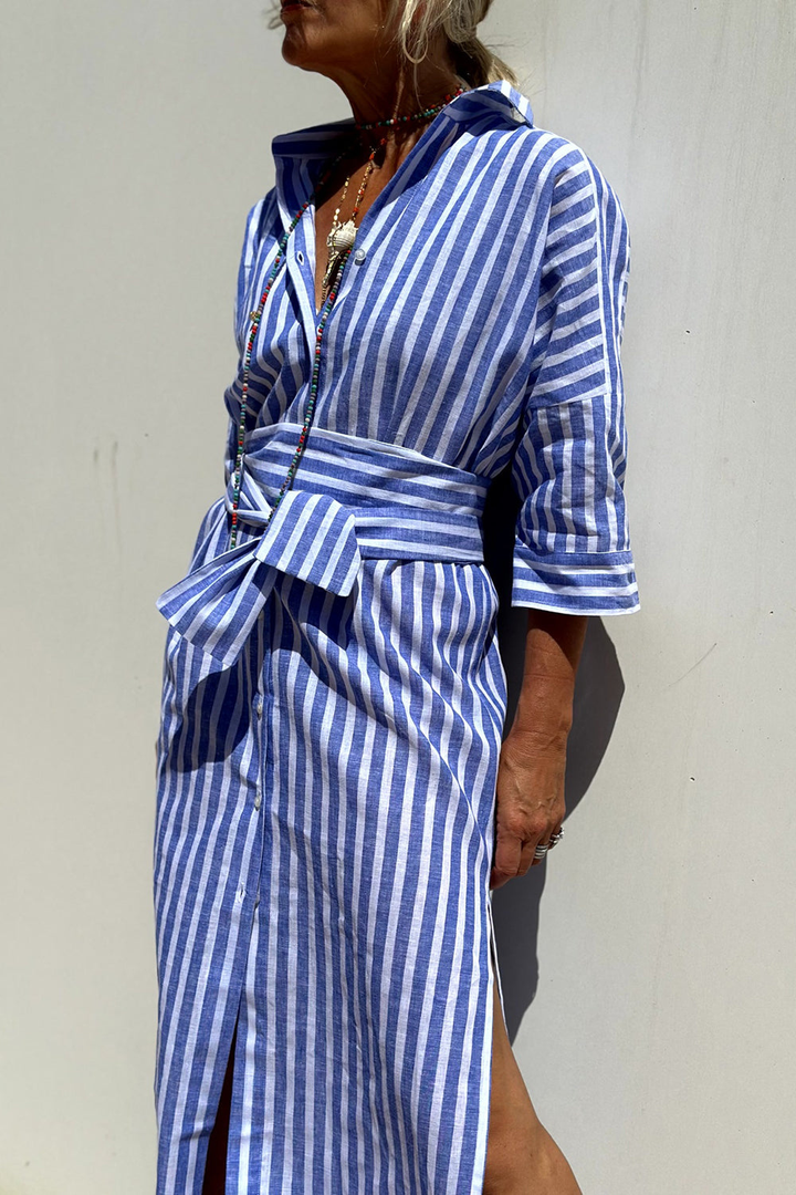 Lightweight women's striped midi dress, collared button-down, great for breezy summer style.