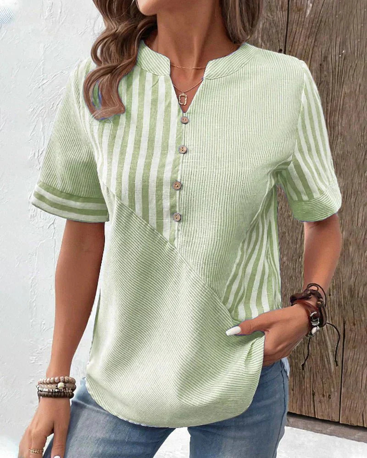 Women's versatile striped colorblock short sleeve top, ideal for summer, spring, or office casual outfits.