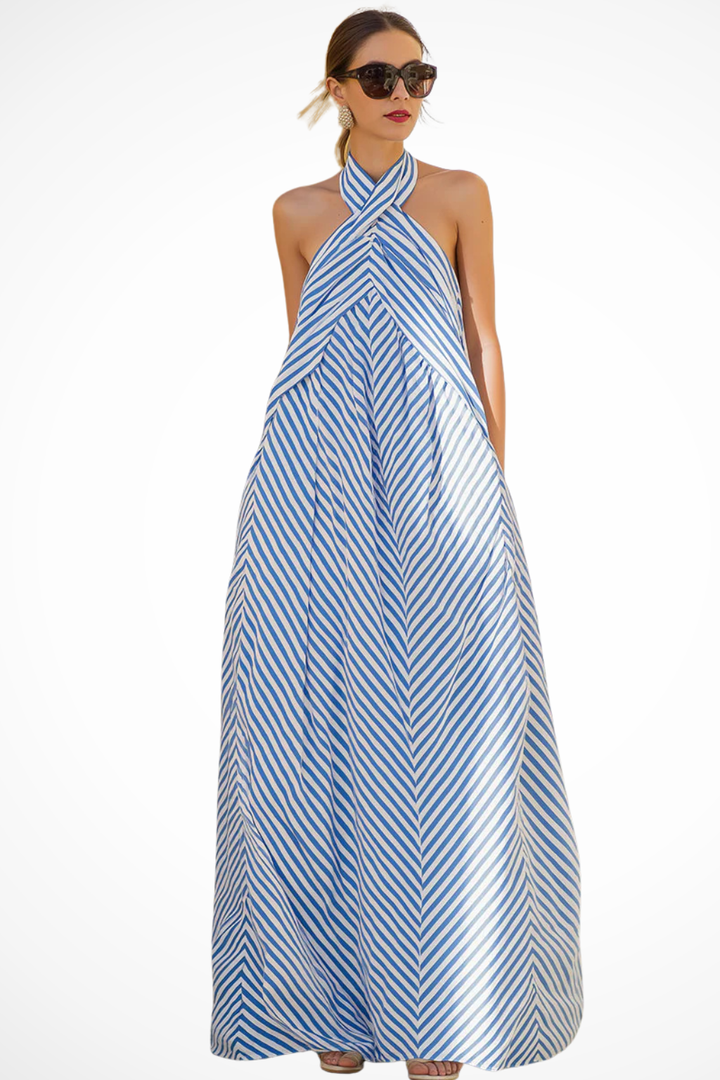 Women's striped halter neck maxi sundress, relaxed flowing fit for summer comfort.