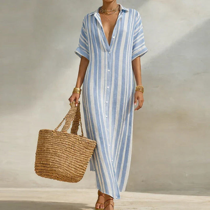 Elegant women's striped long shirt dress; a versatile, comfortable V-neck design for summer & casual occasions.