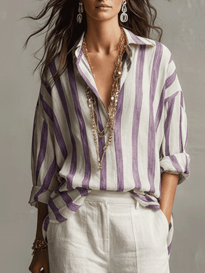 Casual women's striped long sleeve blouse. Button-front design, great for everyday wear or a smart casual look.