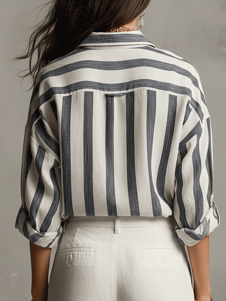 Striped long sleeve button-front blouse for women. A comfortable, casual, and fashionable everyday top.