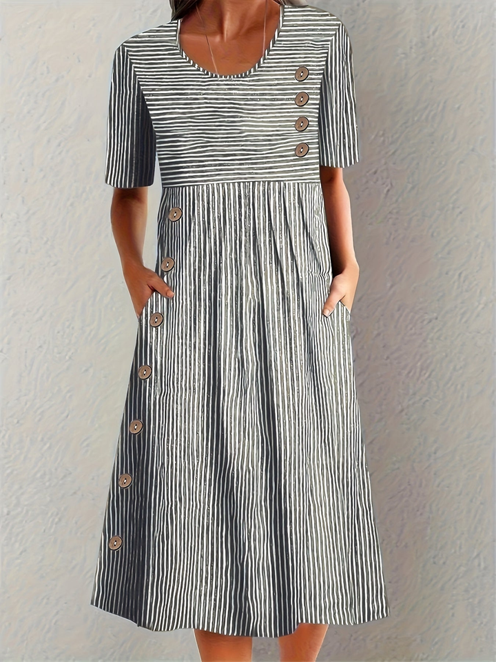 Chic women's striped midi dress with elegant button detailing. Versatile for summer fashion, everyday, or work.