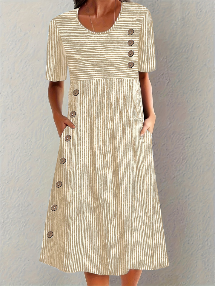 Casual striped midi dress for women, with button details. Great for summer style, everyday wear, and work outfits.
