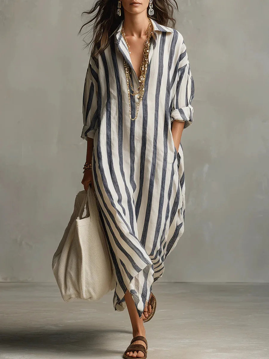 Women's striped oversized maxi shirt dress, perfect for casual summer wear and relaxed vacations.