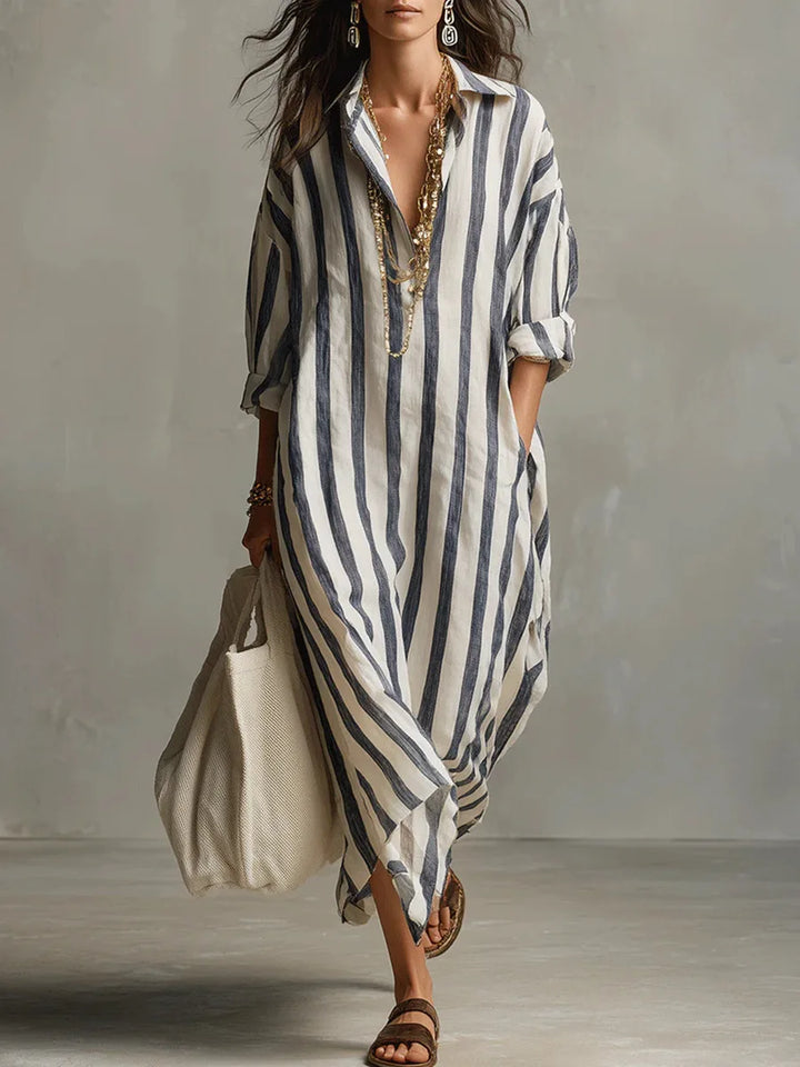 Women's striped oversized maxi shirt dress, perfect for casual summer wear and relaxed vacations.